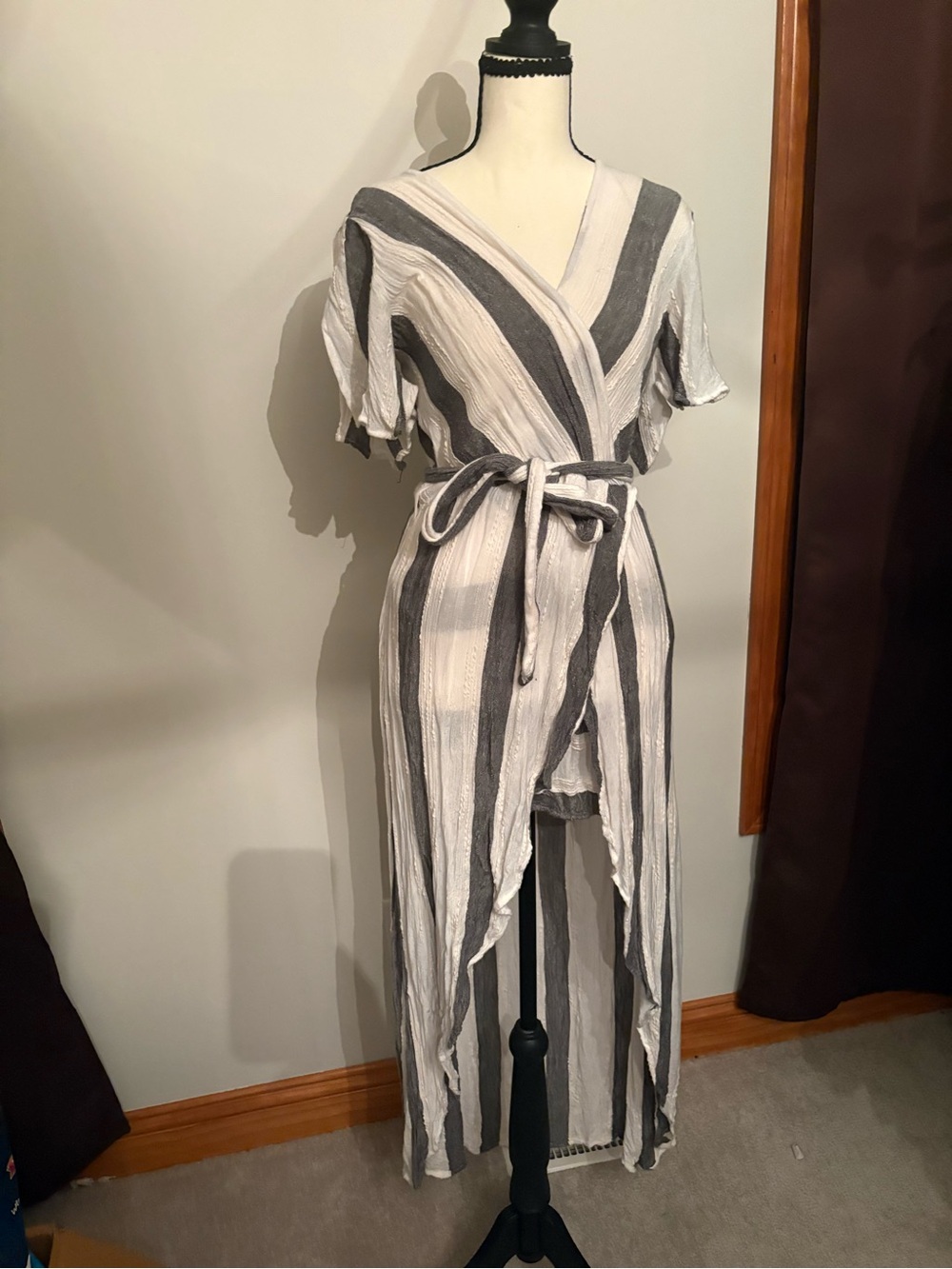 O'Neill Gray & White Striped High-Low Wrap Dress